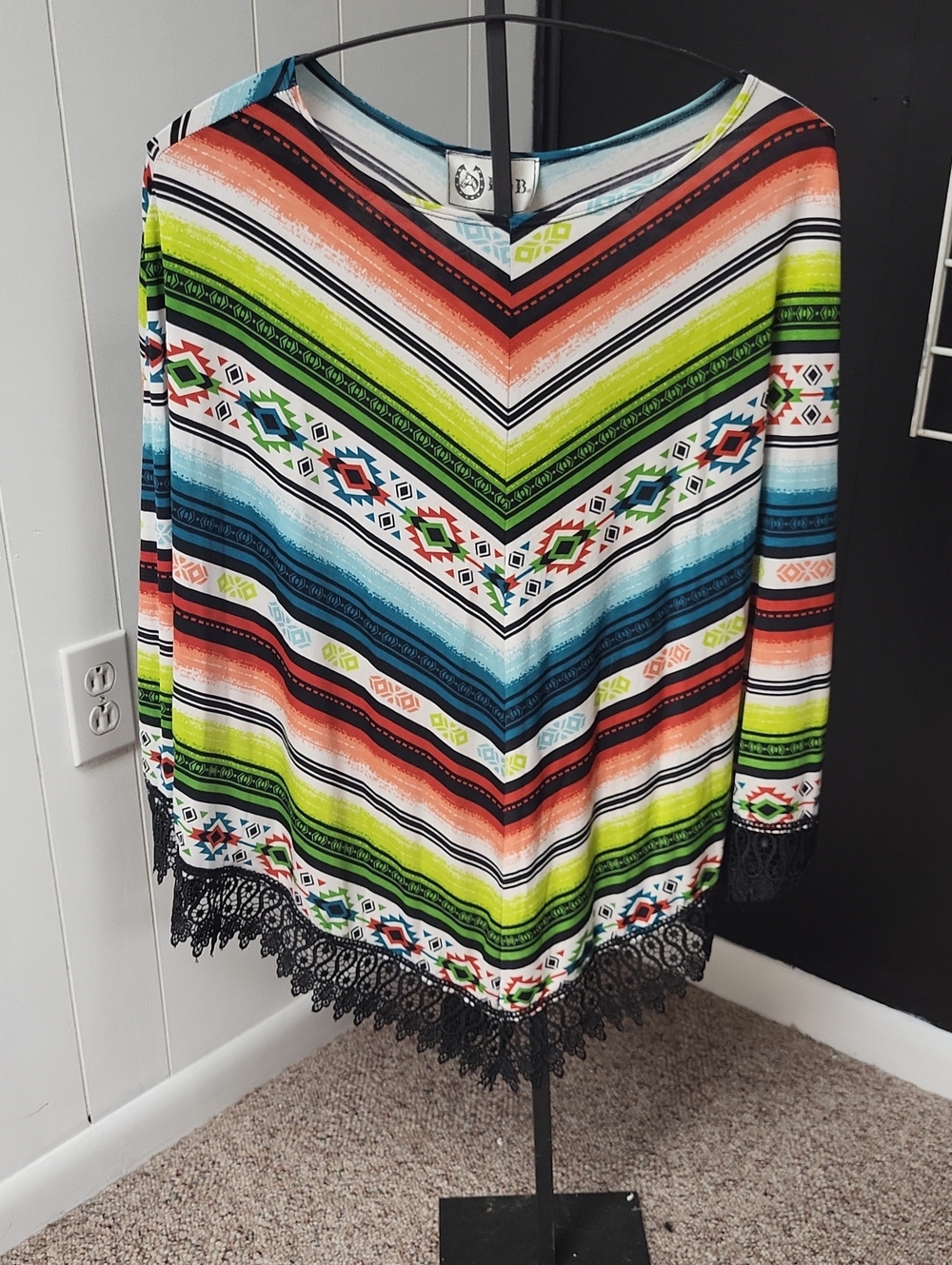 Bright Multicolor Chevron Light Weight Aztec Poncho With Lace, Large